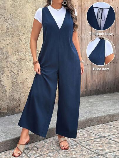 Breezaya Mono holgado de talla grande para mujer con bolsillo lateral, cuello en V profundo y unicolor
