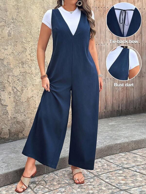 Breezaya Plus Size Casual Navy Blue V Neck Sleeveless Jumpsuit With Pockets Long Length Woven Fabric Plain Design