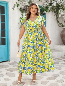 SHEIN CURVE+ Curve 尺码 US22 音乐节、海滨度假、波西米亚风女士优雅褶皱短袖弹力腰水果印花连衣裙，春夏沙滩度假连衣裙，沙滩装 - 黃色 - 查看 12