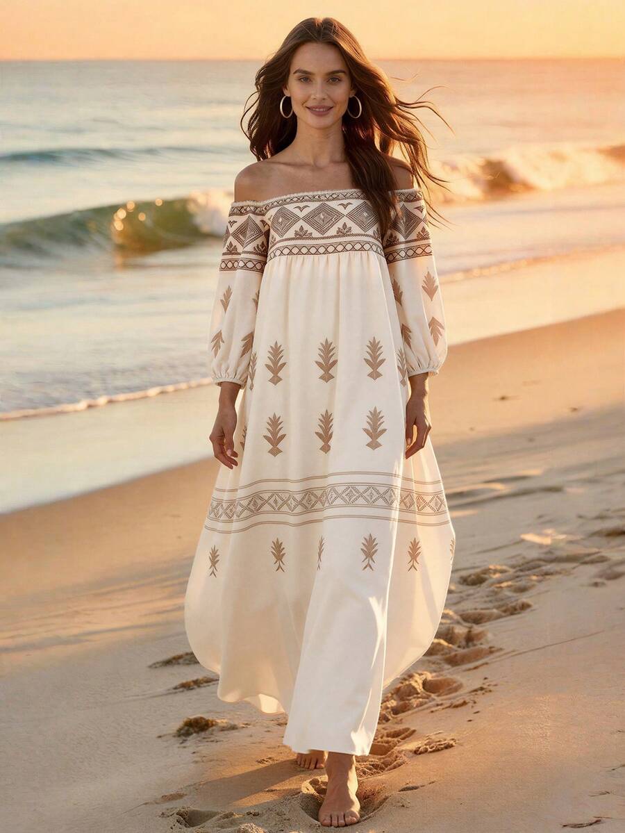 Balvessa Women's Geometric Pattern Off-Shoulder Lantern Sleeve Dress, Suitable For Vacation - Multicolor - View 1