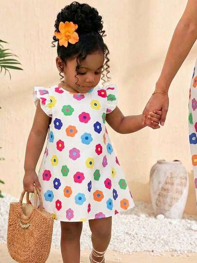 SHEIN Babygirl Cute Casual Knitted Elastic Colorful Floral Pattern Flutter Sleeve Dress, Summer