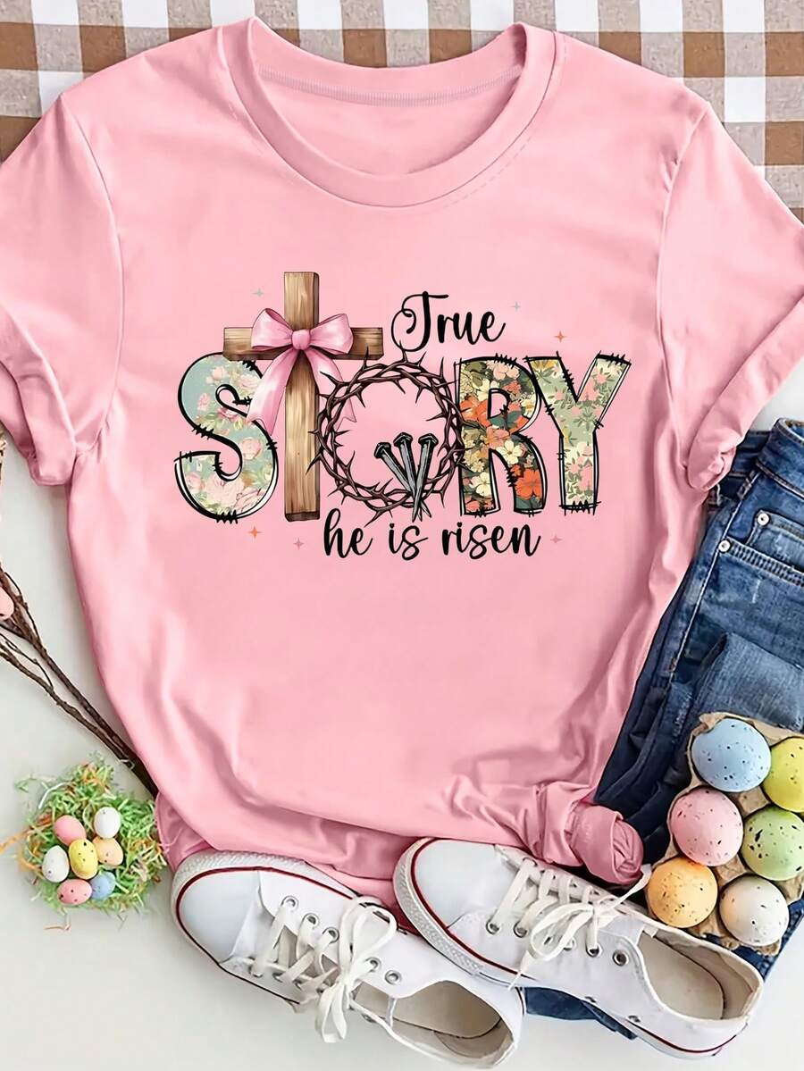 EMERY ROSE 加大码女式复活节T恤 “真实故事，他已复活”复活节T恤 春夏女式时尚休闲圆领短袖T恤 “他已复活”故事图案印花T恤 女式复活节主题印花T恤 | 宽松版型 | 加大码 - 粉色 - 查看 1