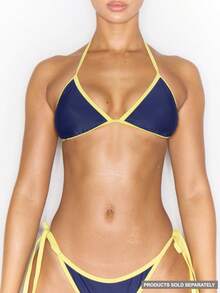 Musera Resort Contrast Trim Triangle Bikini Top Only Spring Summer Vacation Sexy Coolgirl Ibiza Festival Holiday Pitstop Beach Navy Blue - Multicolor - View 1