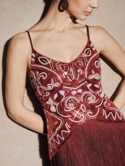 Anewsta Women's Burgundy Sequin Embellished Elegant Party Dress, Suitable For Parties, Banquets And Formal Occasions