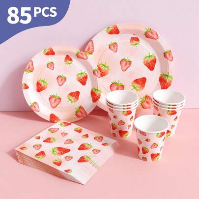 Pink Base Strawberry Disposable Plates, Napkins And Cups Set, Serves 20 Guests. This Disposable Party Supplies Set (Including Plates, Napkins And Cups) Is Perfect For Birthday Parties, Weddings And Family Picnics.