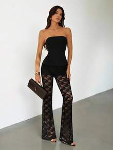 SHEIN Tall Women's Sexy & Elegant Black Lace 2-Piece Set, Includes Thick Ribbed Bandeau Top And Lace Flare Pants, High Elasticity Fabric Contouring Body, Suitable For Dates, Gatherings, Parties, Clubs, Nightlife Mesh Two Pieces Set Black Lace - Black - View 2