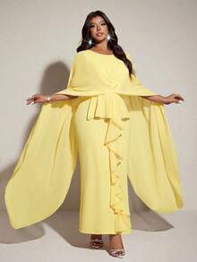 Viva Relle Áo choàng voan thanh lịch, lãng mạn dành cho nữ cỡ lớn, phù hợp với váy dự tiệc cưới, váy dài thướt tha, váy vàng mùa xuân/hè cho nữ, trang phục dạ hội mới nhất, trang phục màu vàng sang trọng cho nữ. - Màu vàng - Xem 5