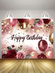1pc Polyester Birthday Party Banner | Rose & Red Balloon Pattern, Perfect For Indoor/Outdoor Decor & Photo Backdrop - multicolor - View 6