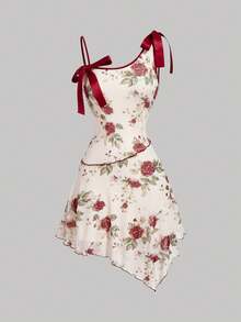 SHEIN MOD 复古印花女士不对称吊带连衣裙，饰有蝴蝶结和不规则下摆 – 70年代复古风、西部风、波西米亚风、游牧风，适合约会、派对、春夏装、春假、舞会、约会之夜、度假、野餐、节日、生日等场合。 - 彩色 - 查看 2