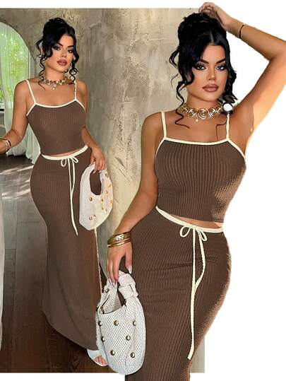 SHEIN SXY Women's Summer Casual Contrast Color Trim Camisole & Fishtail Skirt 2 Pieces Set,Summer ,Spring ,Vacation,Beach