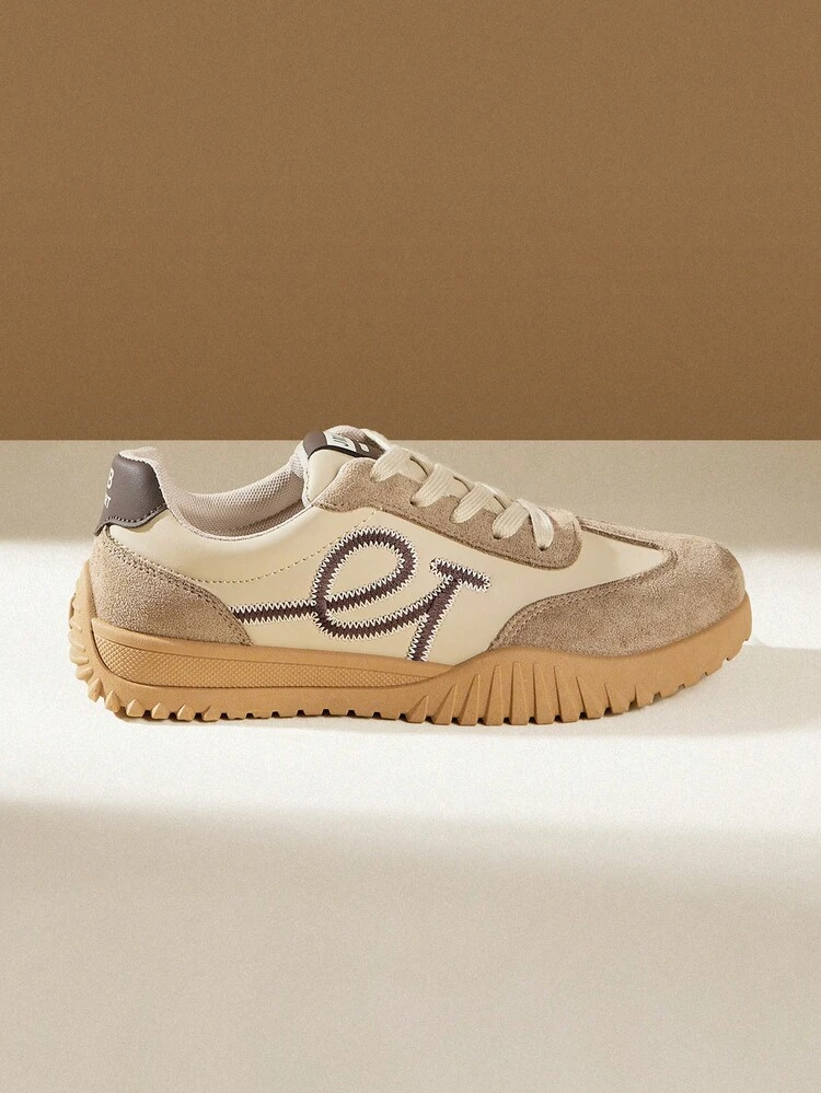 CUCCOO EASI Contrast Color Solid Preppy Casual Gym Sneakers For Women, Lace-Up Brown Patchwork Flat Retro Casual Outdoor Sports Running Shoes