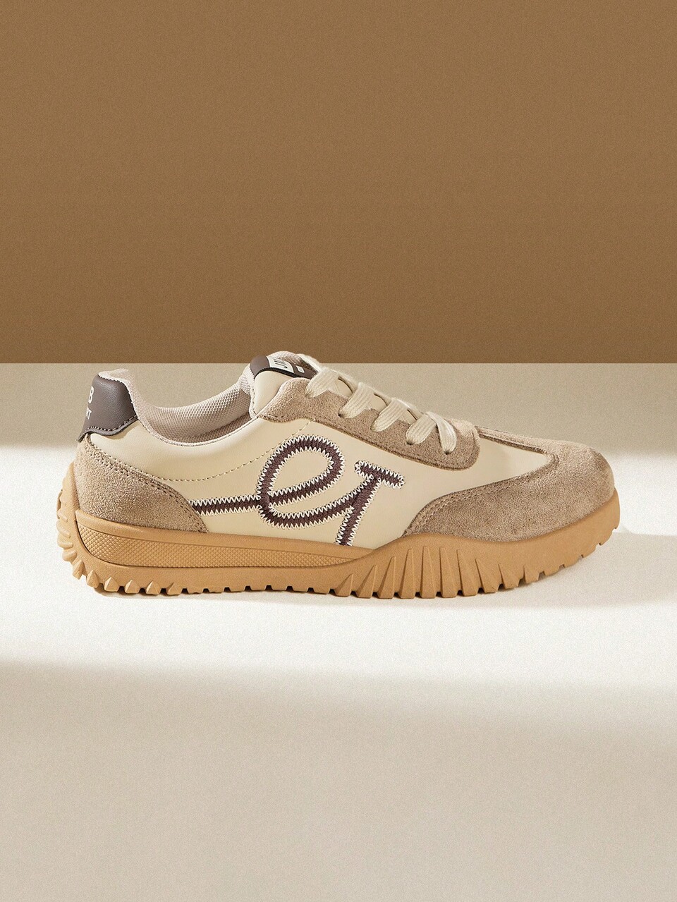CUCCOO EASI Contrast Color Solid Preppy Casual Gym Sneakers For Women, Lace-Up Brown Patchwork Flat Retro Casual Outdoor Sports Running Shoes