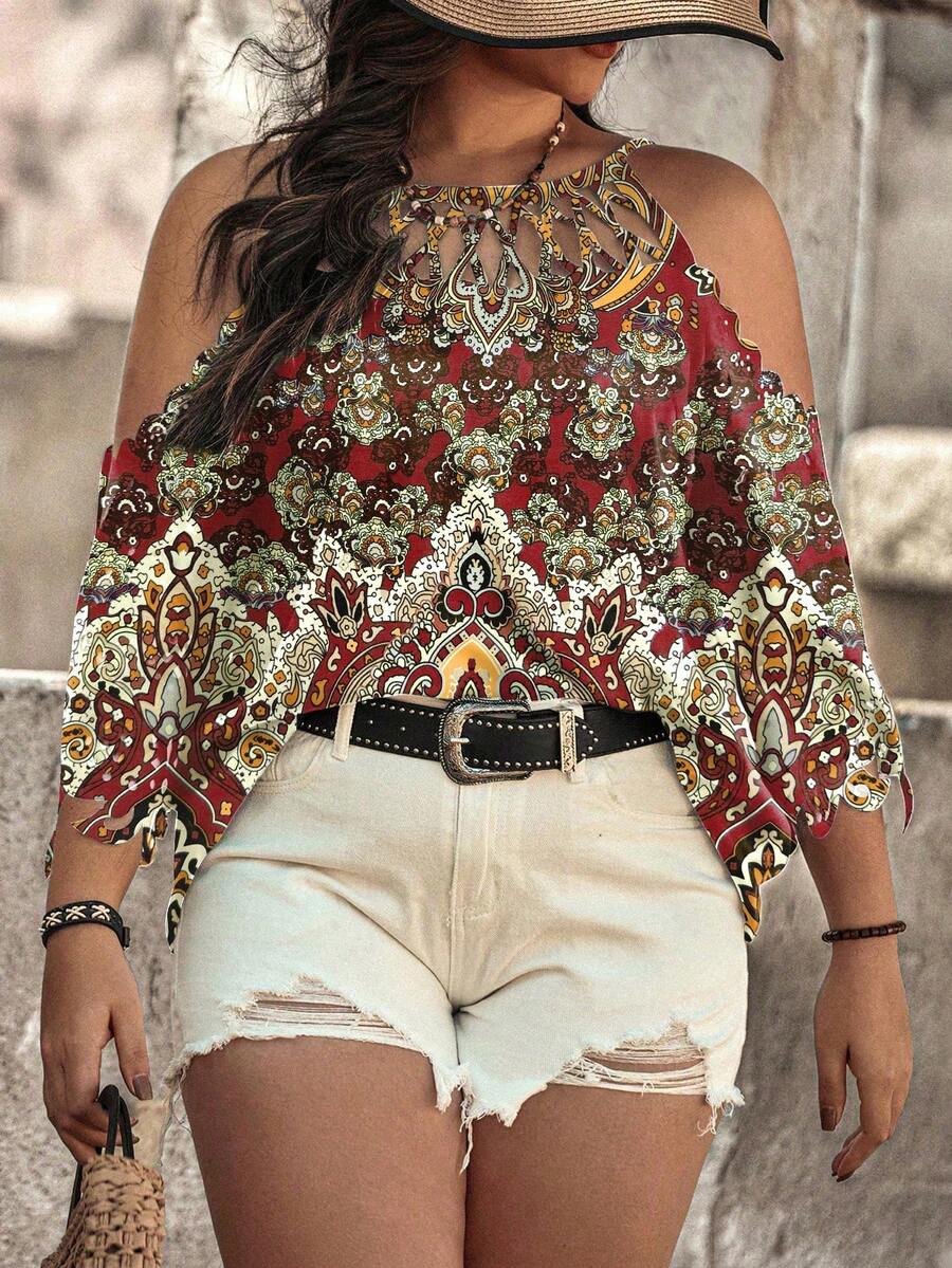 EMERY ROSE Blusa casual y elegante de talla grande para mujer con estampado de teñido anudado, para primavera/verano - Burdeos - Ver 1