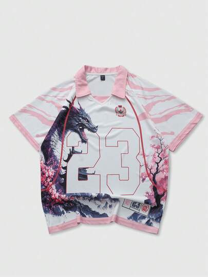 ROMWE MEN Men's Street Style Short Sleeve T-Shirt, Dragon Ink Print + Number 23 Jersey, Essential For Casual, Outdoor, Sports