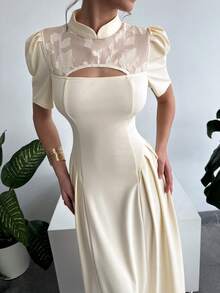 RiviMae Women's New Arrival Mandarin Collar Patchwork Hollow-Out Elegant Dress - Apricot - View 2