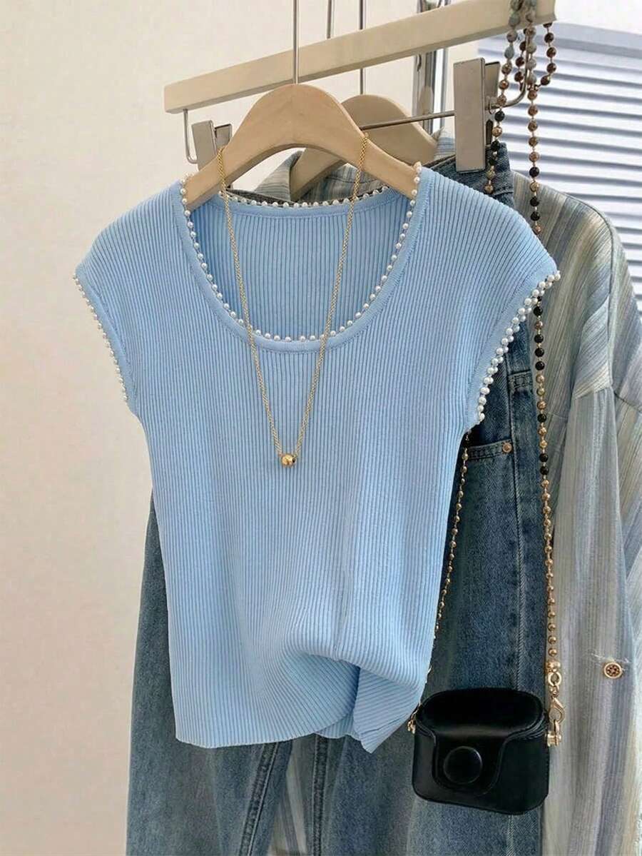 Lyxana Blusa de punto azul con decoración de perlas en el cuello y los puños, estilo casual y lindo Y2K para vacaciones de verano, fiestas, discotecas, citas, festivales de música y ropa de calle - Celeste - Ver 1