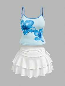 Solflare Plus Size Summer Holiday Beach Boho Blue And White Floral Adjustable Strap Camisole Top&White Built-In Shorts Skirt Set,Stretchy Knit Everyday Outfit - Multicolor - View 8
