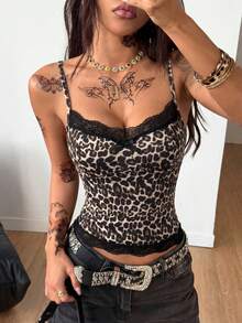 Coolane 女士四季街头风 Y2K 辣妹日常穿搭基础款豹纹撞色蕾丝蝴蝶结修身背心 - 彩色 - 查看 4