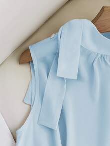 GlowEve 新款春夏时尚侧系带纽扣无袖背心上衣，法式优雅百搭女式无袖衬衫，女士上衣和衬衫，蝴蝶结领工作衬衫，女士衬衫 - 淺藍色 - 查看 7