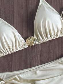 Swim Vcay Solid Color Backless Tie Design, Shell Decor, Sweet & Elegant Women's Swimwear Set - Apricot - View 5