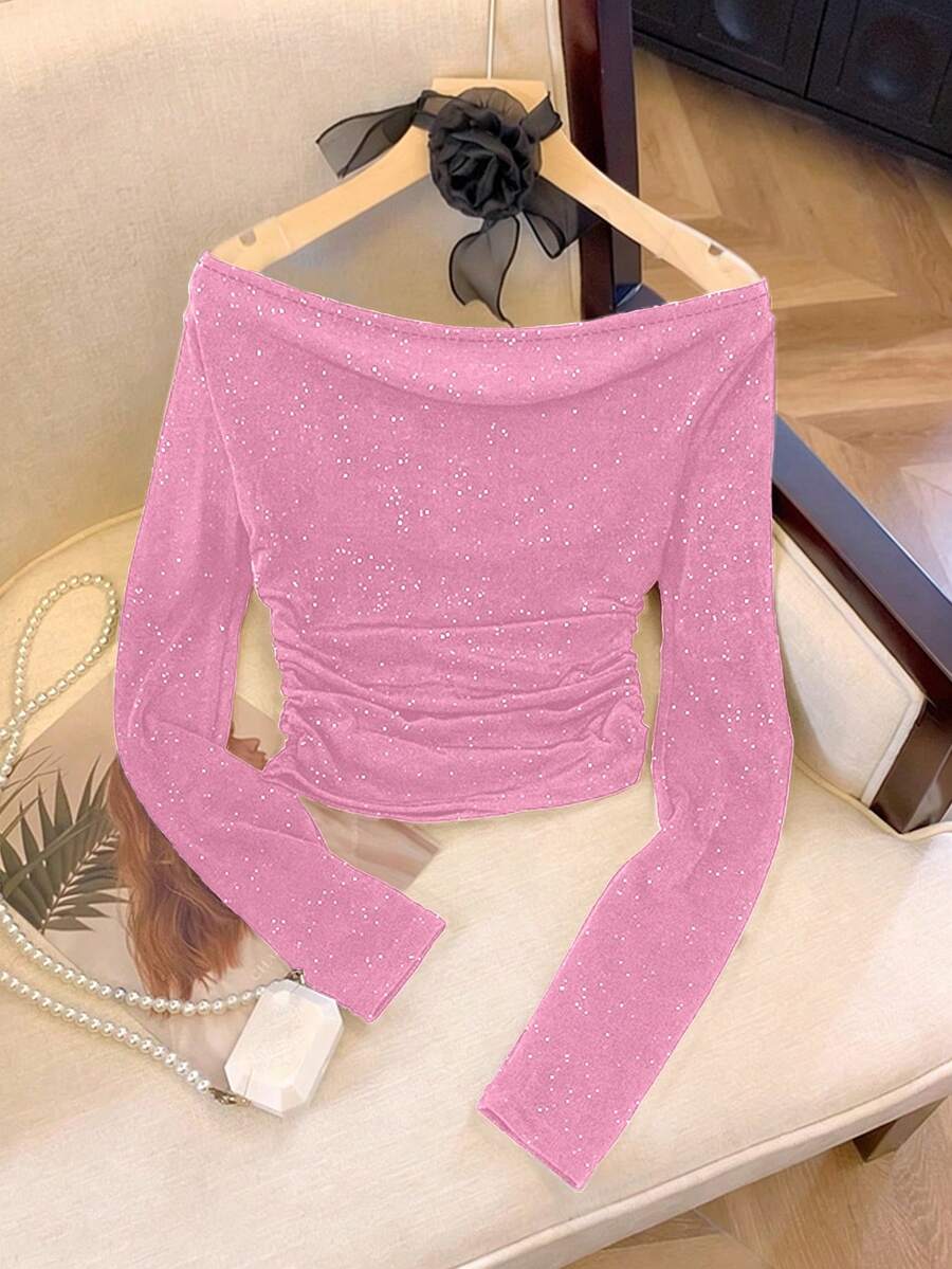 GlowEve Camiseta de manga larga con hombros descubiertos y fruncidos de unicolor brillante para mujer - Rosa - Ver 1