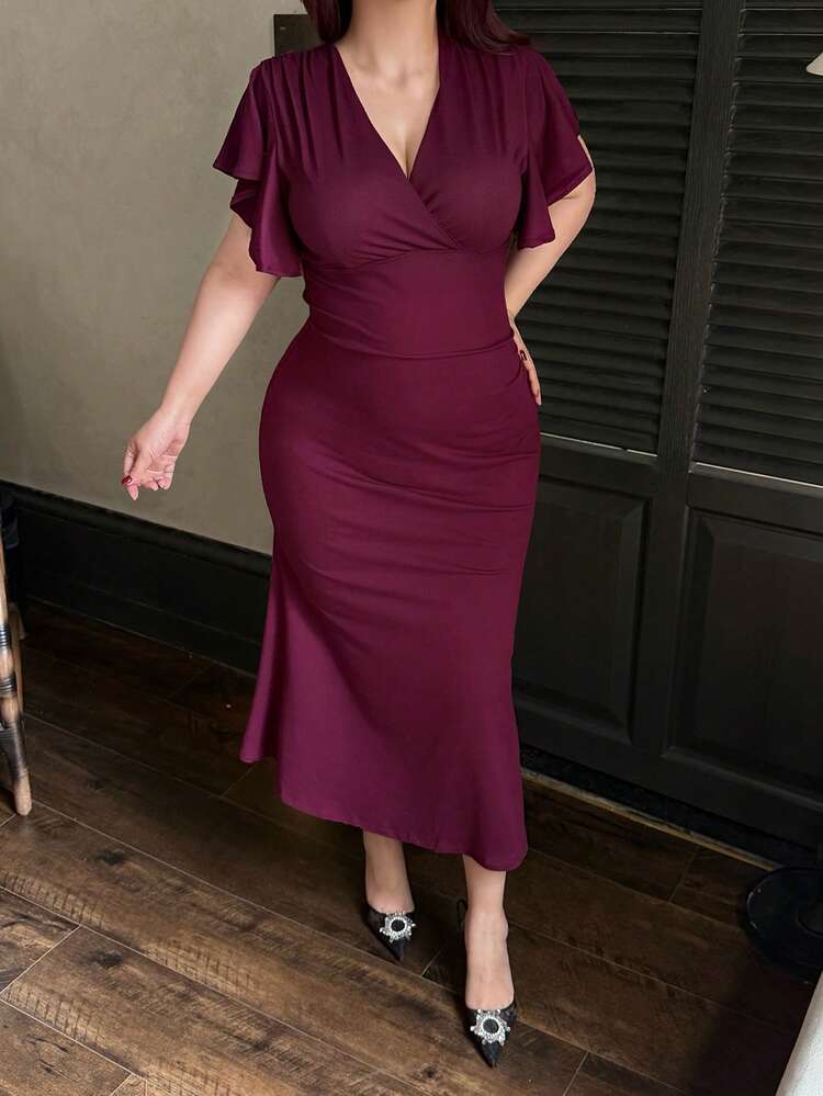 Dazy Plus Solid Color Bodycon V-Neck Sexy Wrap Mermaid Dress, Purple, Spring/Summer Sun Dresses For Women