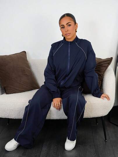 SAYEHFBABY Women's Winter Clothes Streetwear Casual Athleisure Going Out Reflective Lapel Coat And Parachute Pants Pants Navy Blue ,2pcs,Fall,Fall Clothes For Women