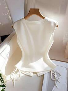 GlowEve Knitted Asymmetric Collar Button Oblique Placket Drop Shoulder Sleeve With Pleated Tie Bow Elegant Refined Commuter Casual T-Shirt Top For Women, White, Summer - White - View 2