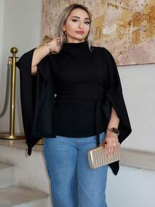 salliqueen Top décontracté femme à col roulé avec manches évasées de couleur unie - Noir - Voir 2