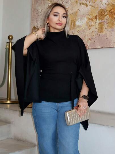 salliqueen 女士纯色高领喇叭袖休闲上衣