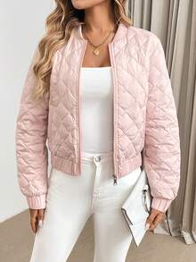 SHEIN LUNE Women's Solid Color Front Zip Up Pockets Minimalist Casual Jacket,Feathers& Down Coat - Pink - View 3