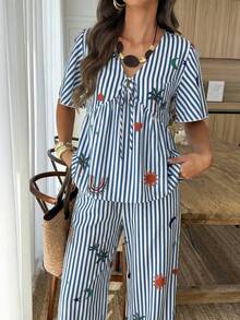 Flora Isola Flora Isola Blue Striped Color Print V-Neck Short Sleeve Tie Waist Pants Set Two Pieces Outfit For Women Spring Summer Casual Vacation Wear - Multicolor - View 4