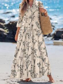 Sylviya Women's Watercolor Floral V-Neck Ruched Long Sleeve Dress, Suitable For Spring/Summer Summer Dresses For Women Autumn Boho Chic Dress - Beige - View 3