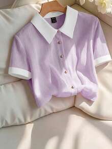 Franclia Áo sơ mi nữ thanh lịch màu hồng nhạt chất liệu chiffon nhăn, cổ trắng, tay ngắn, dáng rộng. - Màu tím - Xem 6