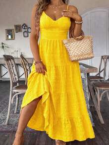 EMERY ROSE Plus Size Yellow Sleeveless Cami Dress Boho Tiered Ruffle Hem Long Sundress - Yellow - View 5