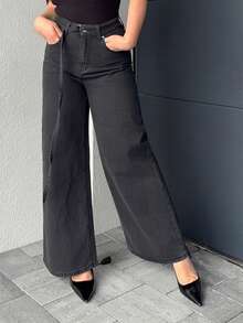 Jeta Ari 女式抽绳腰系带直筒休闲牛仔裤 Old Money 风格商务休闲女装 - 黑色 - 查看 5