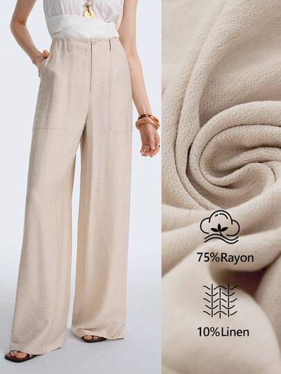 Aalyst Pantaloni de damă din in, talie regulată, cu croi drept, cu buzunare, casual eleganți, potriviți pentru ieșiri de vară, întâlniri, Anul Nou, Ziua Îndrăgostiților, Paște, Ziua Mamei, festivaluri de muzică, nunți în Orientul Mijlociu, naveta, vacanțe romantice, culoare caisă