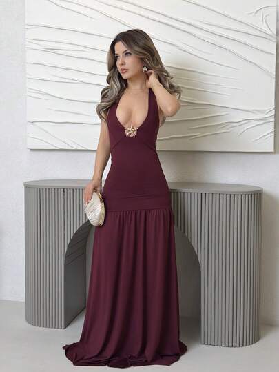 Jemour 女式夏季欧美时尚修身褶皱低领金属装饰挂脖系带长款秋千连衣裙，休闲度假