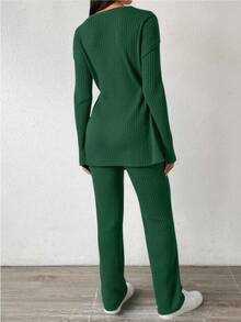 SHEIN Cottnline Ladies' Solid Color Long Sleeve And Pants Two Pieces Set - Dark Green - View 2