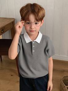 DAZY Young Boy Colorblock Polo Collar Short Sleeve Casual Sweater Summer - Grey - View 3