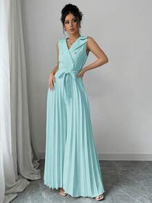 Selianne Women's Elegant Apricot Double-Breasted Design Pleated Jumpsuit, Suitable For Spring And Autumn - Blue - View 6