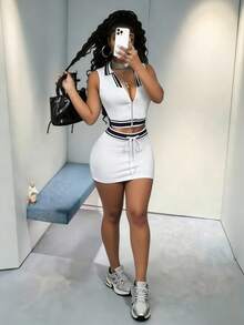 BamGleam 撞色滚边无袖背心，女士休闲日常穿着。白色领子撞色条纹拉链短款运动背心。 - 白色 - 查看 5