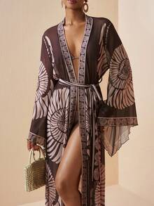Zivah 2026 女士度假休闲沙滩薄纱印花长款和服式罩衫 - 棕色 - 查看 1