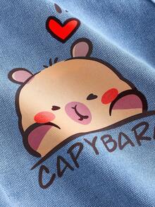 Girlism 女童可爱卡通水豚印花宽松蓝色牛仔裤 - 淺色水洗藍 - 查看 4