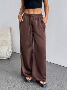 SHEIN PETITE 女士夏季乡村音乐会外出海滩装扮波西米亚风简约水洗100%纯棉白色弧形裤脚裤 - 棕色 - 查看 1