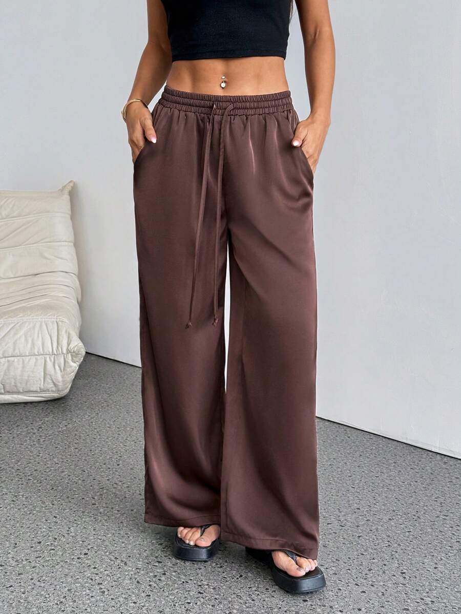 SHEIN PETITE 女士夏季乡村音乐会外出海滩装扮波西米亚风简约水洗100%纯棉白色弧形裤脚裤 - 棕色 - 查看 1