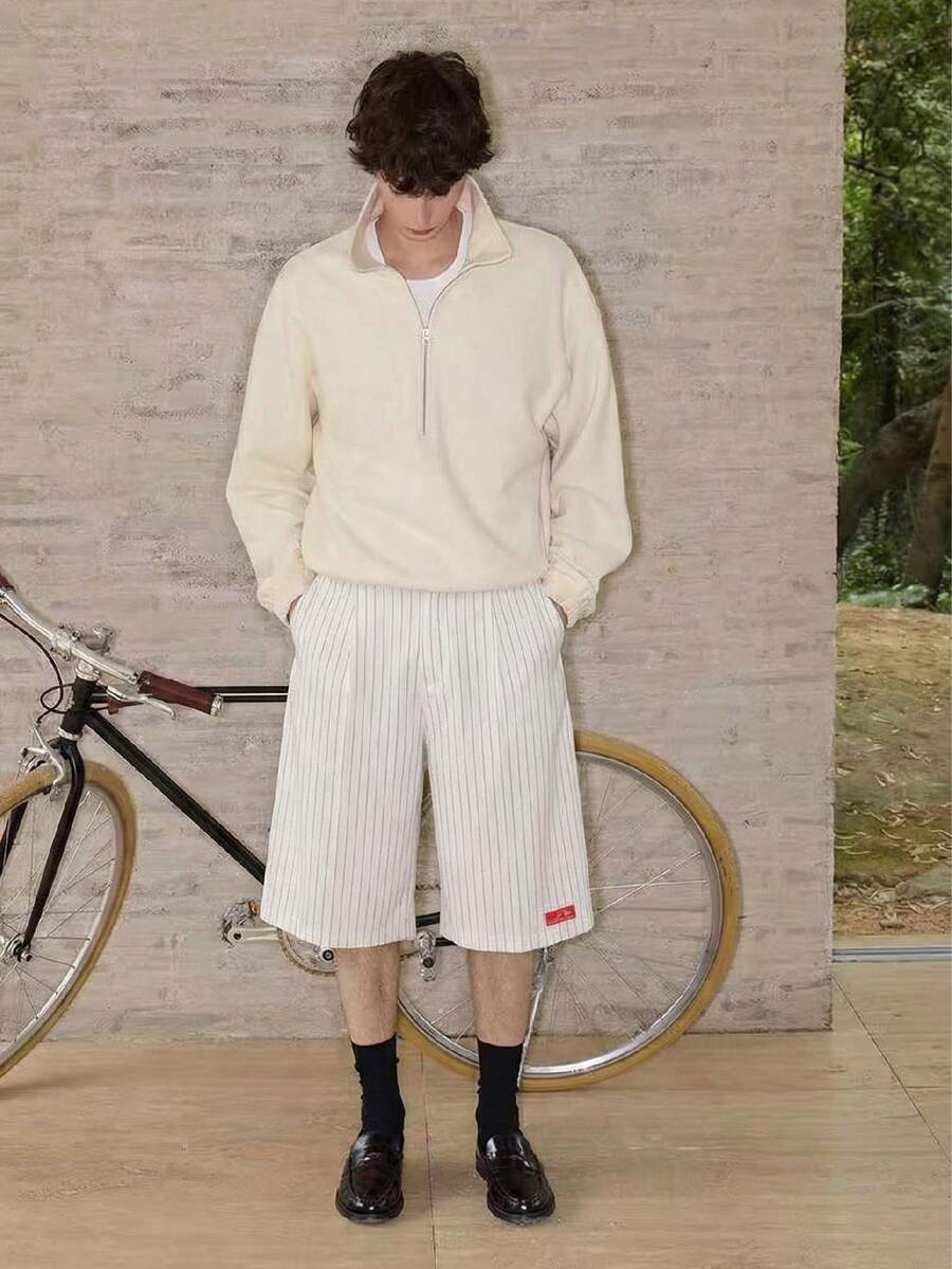 SWAVVY 男士条纹图案纽扣拉链装饰短裤 - 黑色 - 查看 1