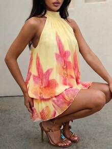 Swim Glamine 女士夏季沙滩无袖露肩系带蝴蝶结网纱数码印花优雅派对度假罩衫及迷你裙 - 鵝黃色 - 查看 6