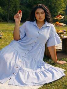 SHEIN CURVE+ Curve 尺码 US22 音乐节、海滨度假、波西米亚风女士条纹翻领纽扣休闲日常通勤连衣裙 - 藍色 - 查看 11