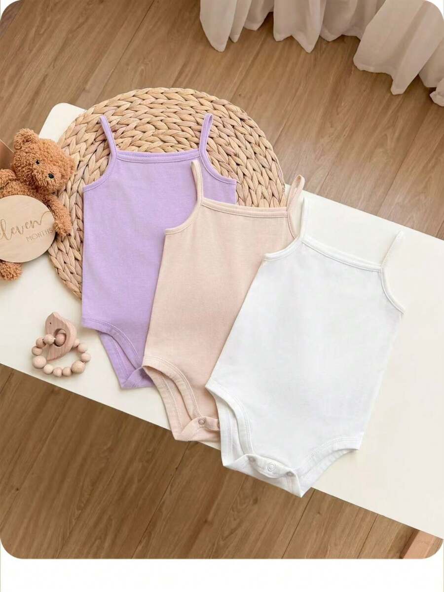 SHEIN 3pcs/Set Casual Minimalist Solid Color Knit Camisole Bodysuit For Baby Girl, Baby Girl - Multicolor - View 1